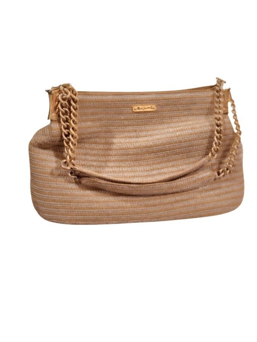 Eric Javits Squishee Woven Shoulder Bag – Metallic Beige with Gold Chain Strap